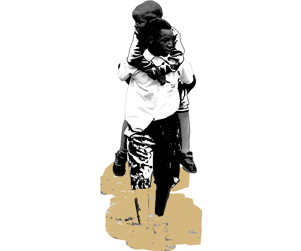 A young boy carrying his younger brother over a flooded road