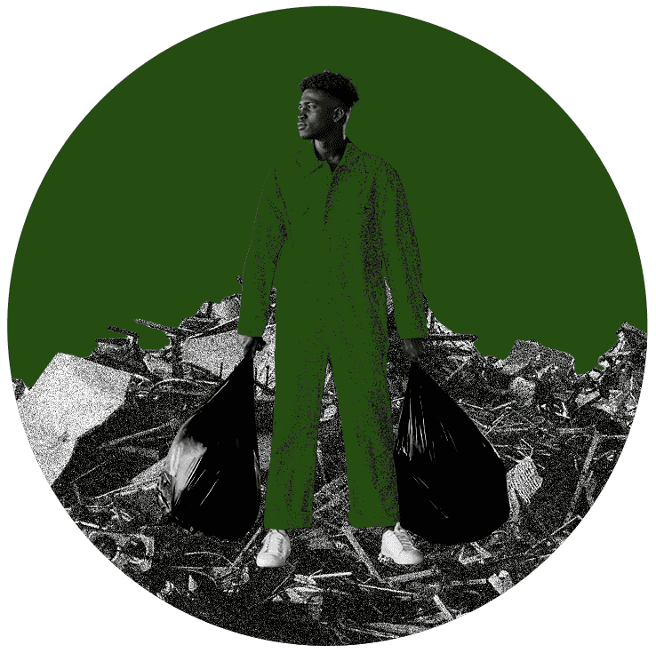 collage of man holding 2 bags of trash on a circular frame that contains trash as the floor
